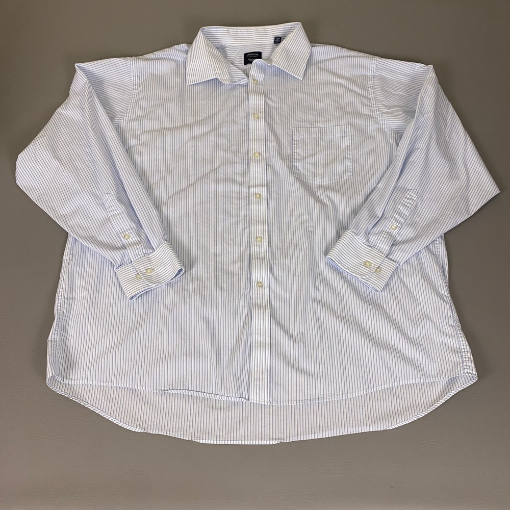 Arrow Button Up Shirt Men's XXL 18-18.5 Regular Fit Blue White Striped Stretch